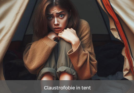 Vrouw met lang haar in tent is bang want ze heeft last van claustrofobie in tent.