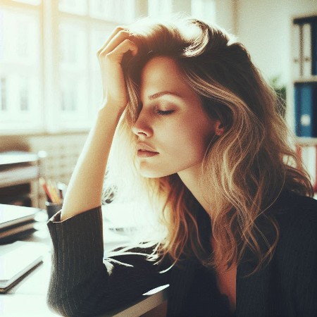 Vrouw met lang blond haar zit aan bureau op kantoor en wil emotieregulatie training volwassenen.