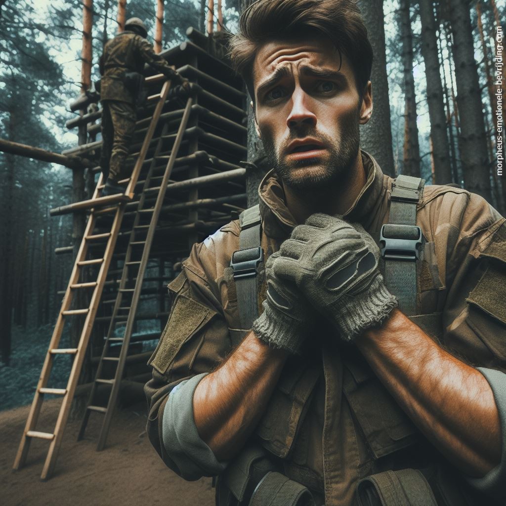 Soldaat in bos heeft last van hoogtevrees bij defensie werk.