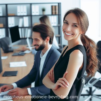 Vrouw op kantoor met lang haar en zwarte jurk is blij en lacht.