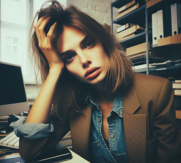 Vrouw in kantoor met los donkerblond haar kijkt niet blij en wil graag belemmerende overtuigingen ombuigen.