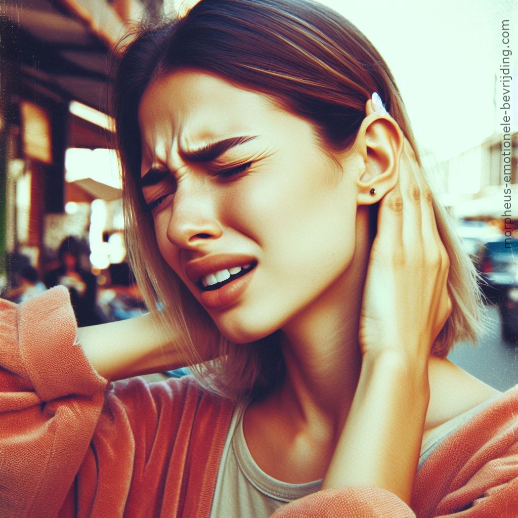 Vrouw op straat heeft last van bult achter oor door stress symptomen.