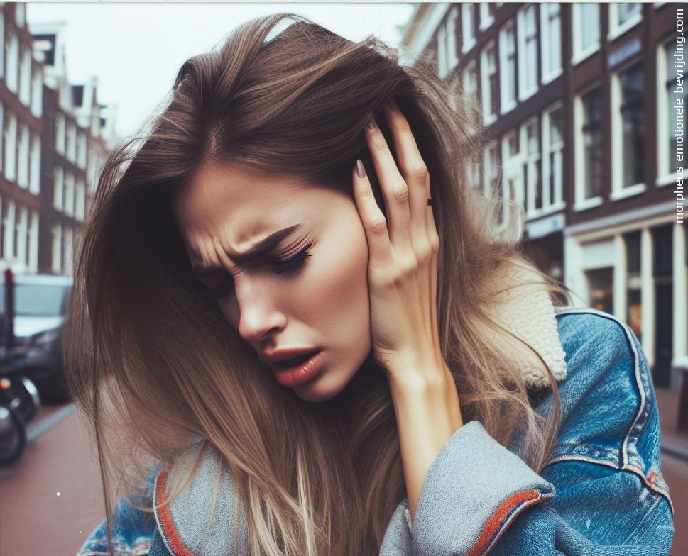 Vrouw op straat met spijkerjack heeft last van krakend oor stress symptomen.