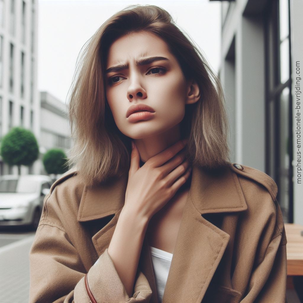 Vrouw met bruine jas op straat heeft ontstoken amandelen door stress.