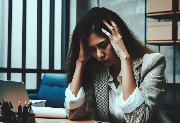 Vrouw achter bureau heeft last van poliepen door stress symptomen.