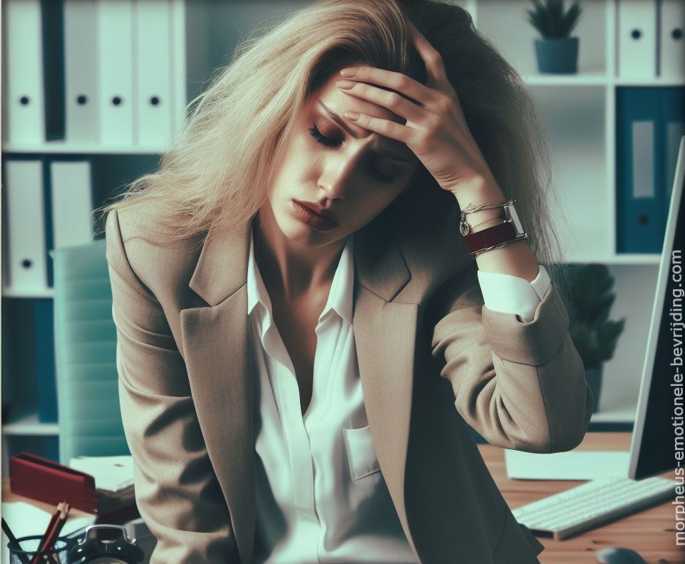 Vrouw met lang blond haar zit op bureau en heeft poliepen door stress.