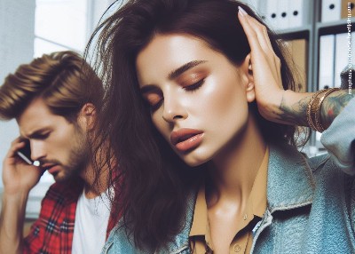 Vrouw met lang donker haar en een spijkerjas heeft last van slechter horen door stress symptomen.