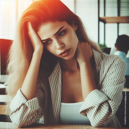 Vrouw met blond haar zit aan bureau en heeft last van stijve spieren zonder inspanning symptomen.